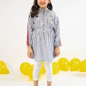 Maria B Girls Tunic / Long Sleeve Striped Top Shirt Embroidered, Blue, 8-9 Years